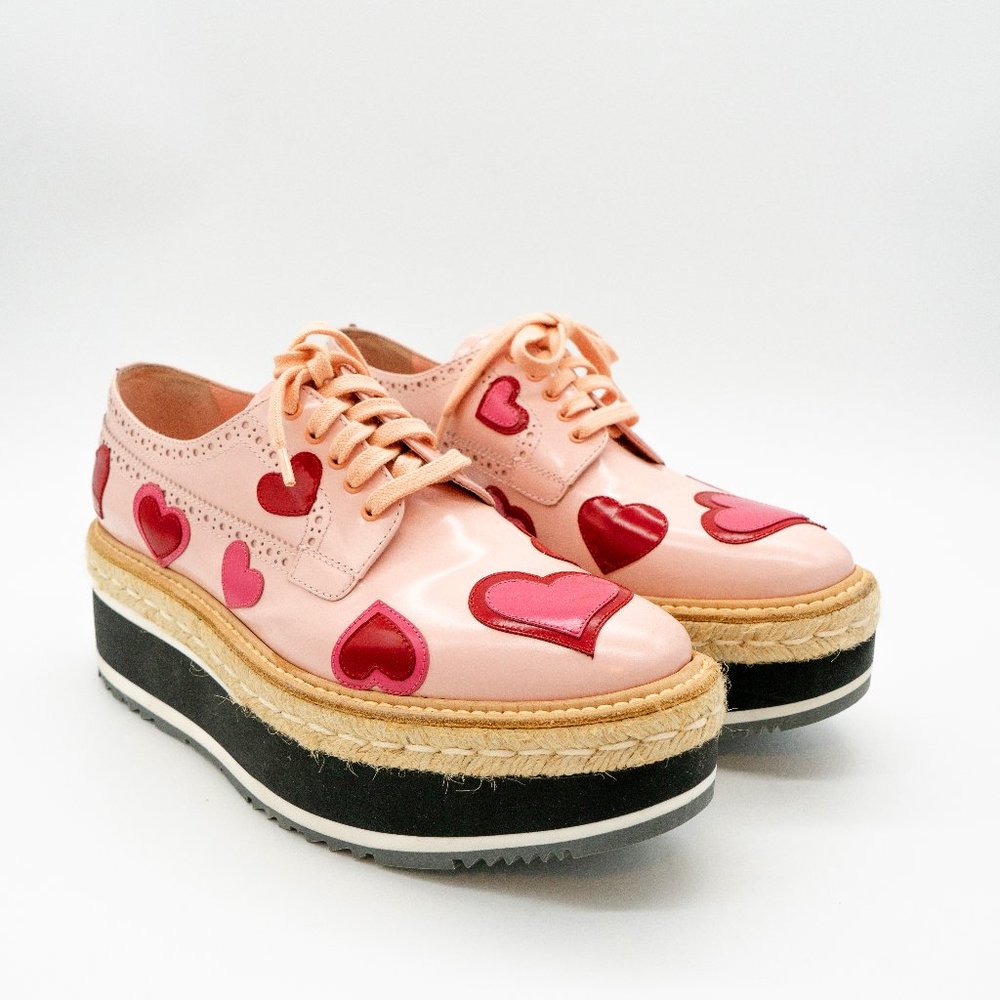 Authentic Prada Pink Prada Heart Leather Platform Espadrille | Size 39 IT